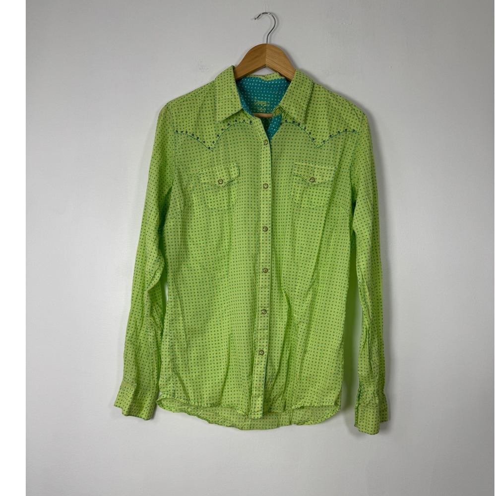 Western Twenty X Womens Large Shirt Lime Green Polka Dot Snap Front Studded Yoke